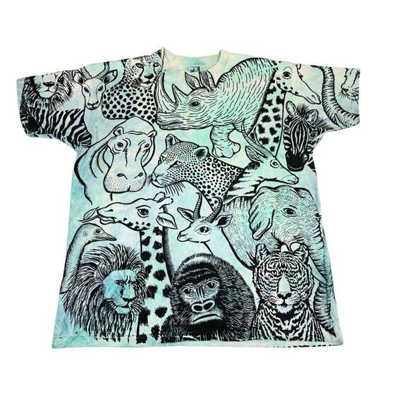 Vintage All Over Print Tie Dye Animals One Size T-shirt Jungle Single Stitch - Picture 1 of 9